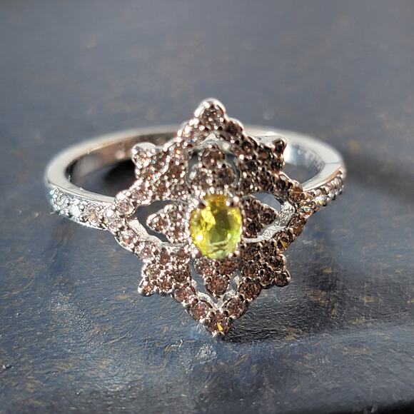 Ornate Rhodium-Plated Size 9 Ring with Yellow Gemstone and Intricate Detailing - Picture 1 of 15